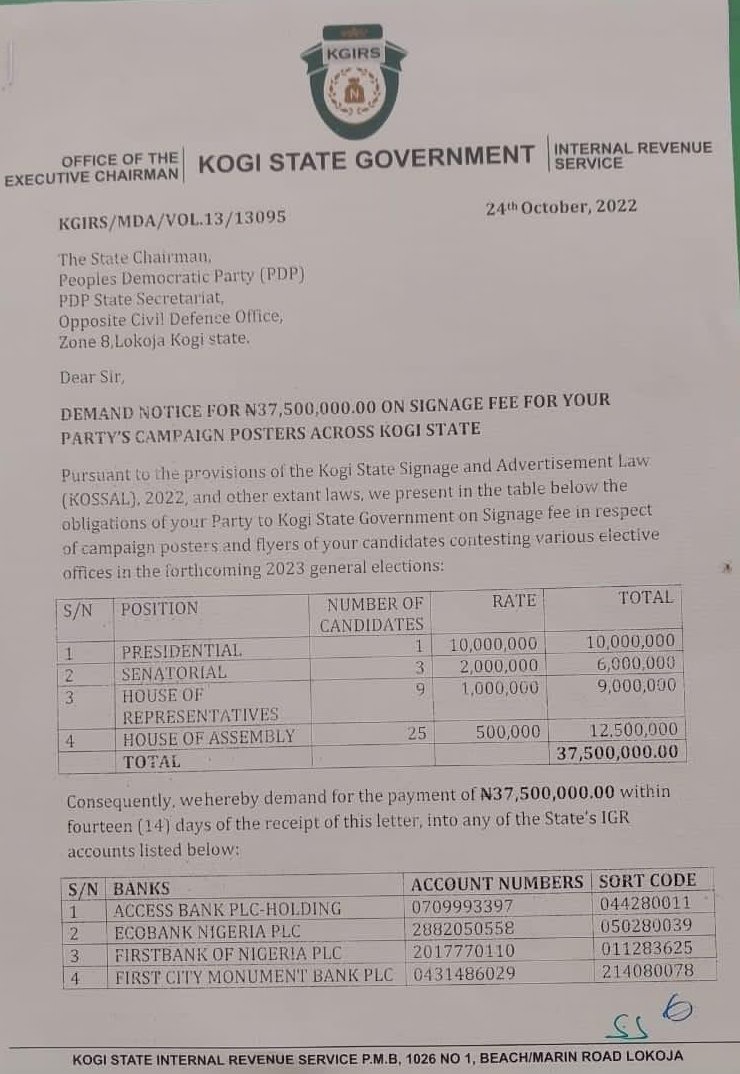 Governor Yahaya Bello Asks Opposition Party, PDP To Pay N37.5million Before Pasting Campaign Posters, Flyers In Kogi | Sahara Reporters bit.ly/3DRmTyu