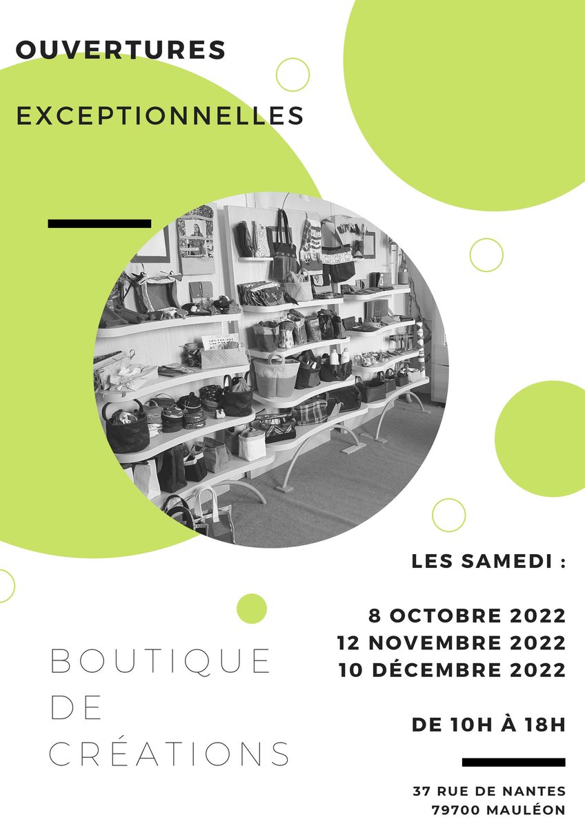 [ EVENEMENT ]

📢 Ouvertures exceptionnelles de la " Boutique de Créations " 
𝐋𝐞 𝐬𝐚𝐦𝐞𝐝𝐢 𝟏𝟐 𝐧𝐨𝐯𝐞𝐦𝐛𝐫𝐞 𝟐𝟎𝟐𝟐 de 𝟏𝟎𝐡 𝐚̀ 𝟏𝟖 𝐡 au 37 rue de Nantes à Mauléon 

#tissus #economiecirculaire #Emploi