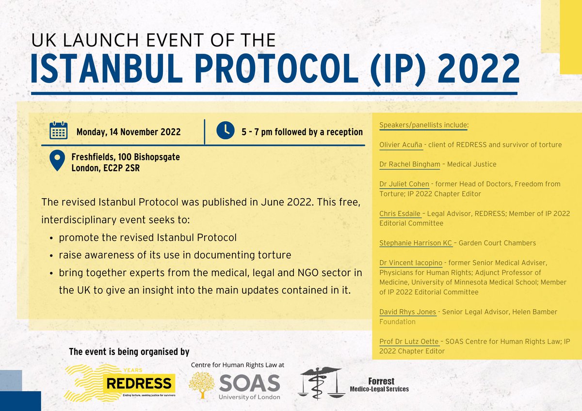 4️⃣ Days to go! EVENT:UK Launch Event of the Istanbul Protocol 2022 ⏰5pm📍Freshfields, EC2P 2SR With: @DrJulietCohen, @ChrisEsdaile, Rachel Bingham, Dr Lutz Oette of @soasLAW, @OllieAcuna, Stephanie Harrison KC & Dr Vincent Iacopino. ✍🏻Register here: bit.ly/3zTu8F2