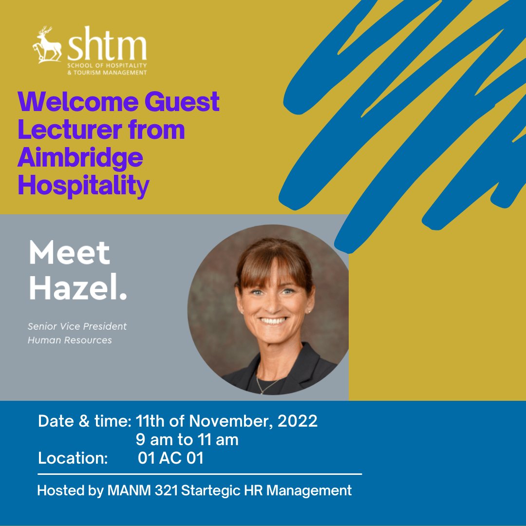 We have great honour to invite two speakers, Hazel Hogben from Aimbridge Hospitality, and Dan Goldsmith from Three Pillars Recruiting to talk to MANM321 SHRM students this week. Staff & student @SHTMatSurrey are welcome to join👍 #WonderfulSHTM @EmilyJintaoMa @SumeetraRam