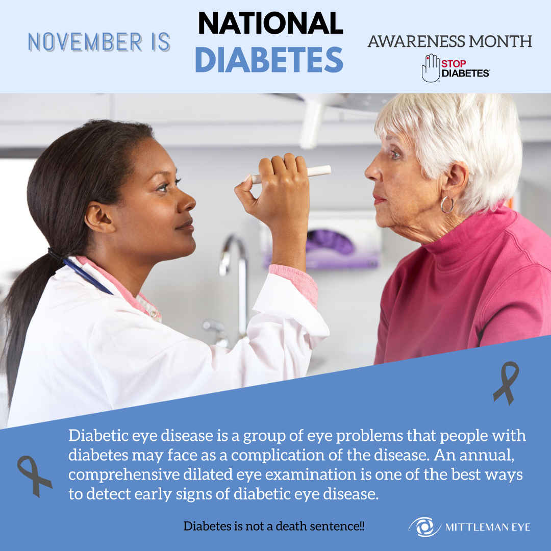 MittlemanEye's tweet photo. November is National Diabetes Month

Diabetic eye disease, a leading cause of blindness, often has no early warning signs. 
But you can help people with diabetes prevent vision loss by encouraging them to get regular eye exams so they can catch problems early. https://t.co/6pydQvdURk