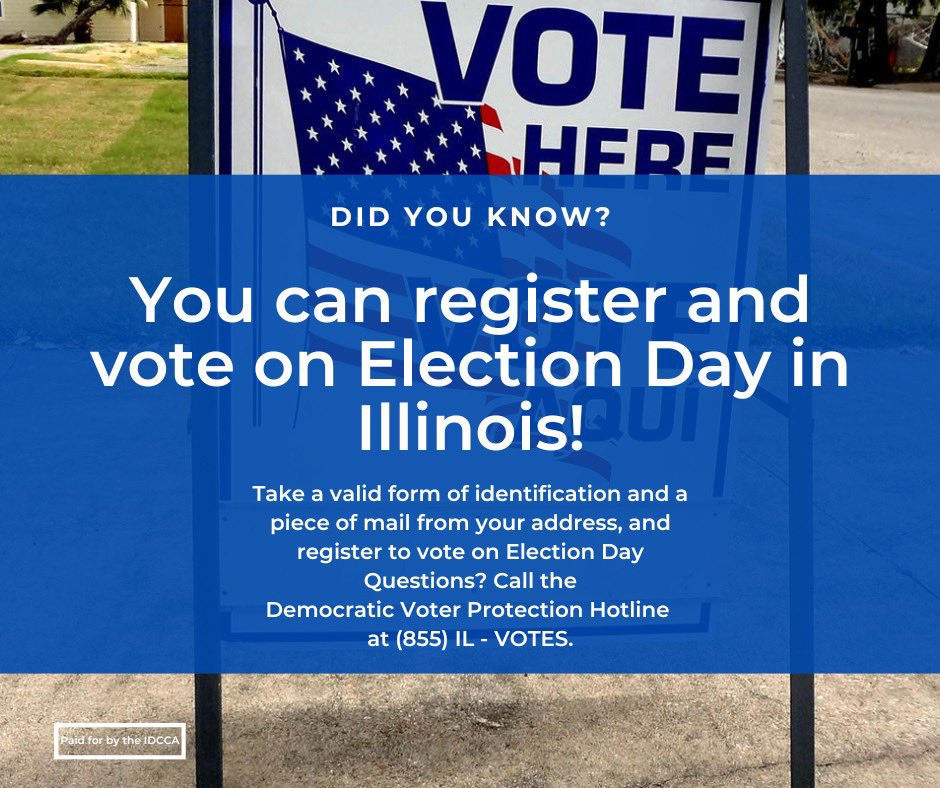 ILDCCA's tweet photo. Not registered to vote? Not a problem. You can register to vote and vote TODAY. Call (855) IL - VOTES for more information. https://t.co/DnKOqn5k4K