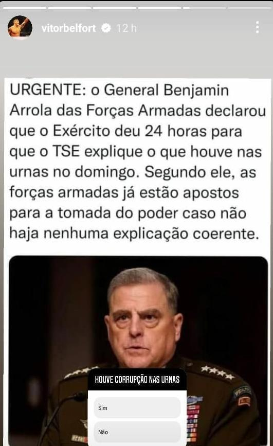 slpng_giants_pt's tweet photo. 📢 Lutador Vitor Belfort, apoiador do futuro ex-presidente Bolsonaro, compartilhou nas redes sociais uma matéria falsa que citava um general chamado "Benjamin Arrola"

Não gente... 🫣 https://t.co/hyCdDfW8Sn