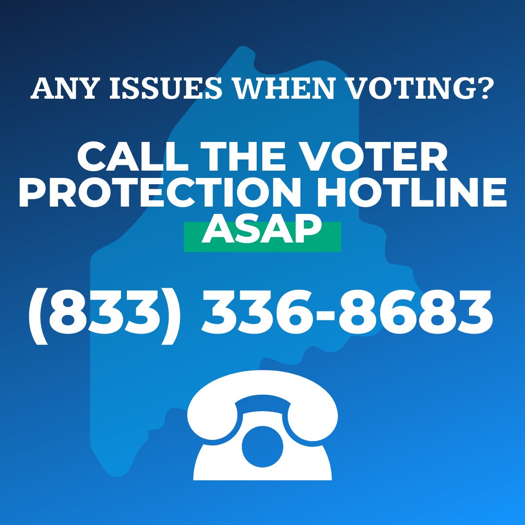 If you run into any problems when trying to cast your ballot today, be sure to call the Voter Protection Hotline immediately.

All eligible voters have a right to participate in democracy. We’re here to make sure you can exercise that right. 

(833) 336-8683

#mepolitics