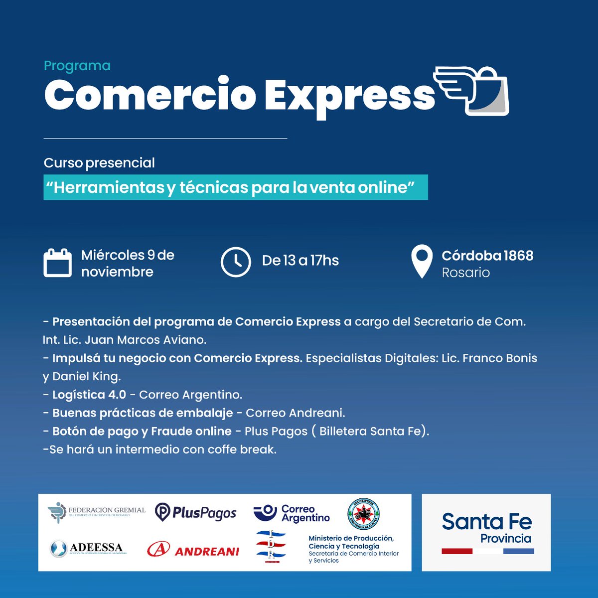 JMAviano's tweet photo. 📆#Mañana en @fecoirosario junto a varias entidades, y principalmente comerciantes de la ciudad, se realiza una nueva edición del Curso Presencial del Programa #ComercioExpress🪩
#SantaFeProvincia
💻Más info: https://t.co/GNow90DSmQ https://t.co/jIwgM9Lf2Q