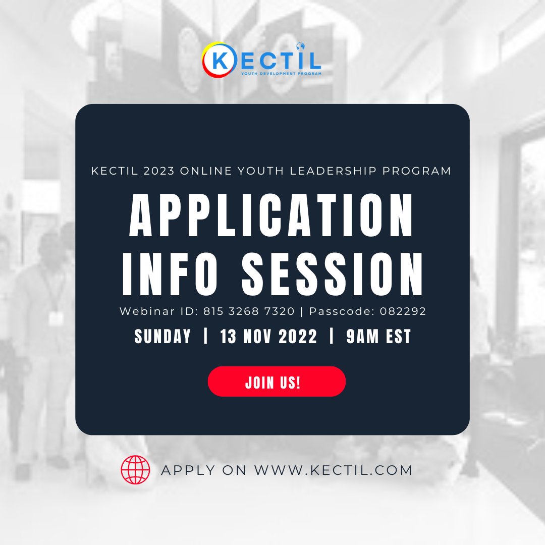 𝗢𝗨𝗥 𝗦𝗘𝗖𝗢𝗡𝗗 𝗞𝗘𝗖𝗧𝗜𝗟 𝟮𝟬𝟮𝟯 𝗔𝗣𝗣𝗟𝗜𝗖𝗔𝗧𝗜𝗢𝗡 𝗜𝗡𝗙𝗢𝗥𝗠𝗔𝗧𝗜𝗢𝗡 𝗜𝗦 𝗛𝗘𝗥𝗘!
Our second 2023 Kectil Application Information Session is around the corner. We look forward to seeing and interacting with you on 13/11/2022.
To join 👇🏿👇🏿👇🏿👇🏿👇🏿
#Kectil
