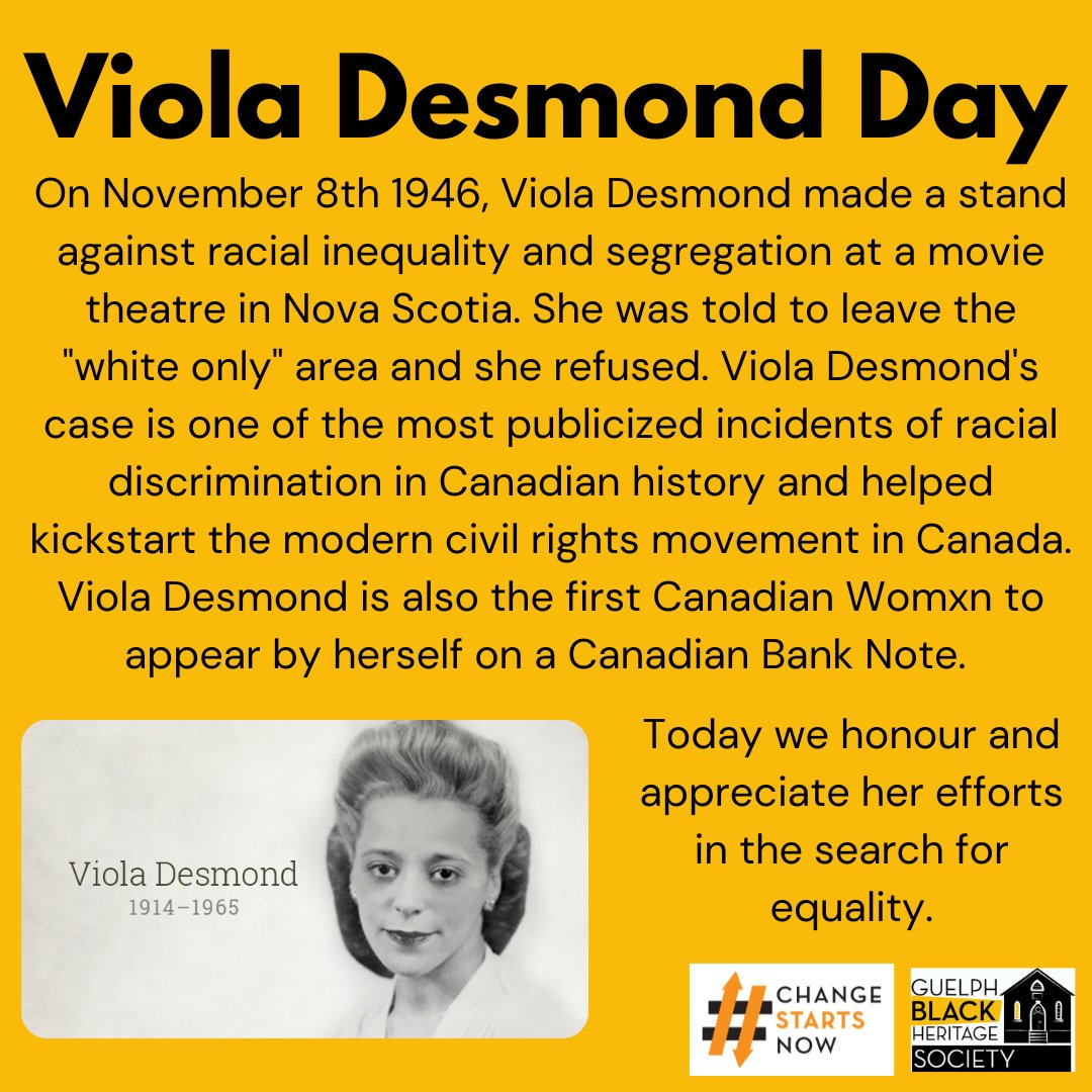 On this day in 1946 Viola Desmond made a stand against racial inequality and segregation at a movie theatre in Nova Scotia.  Today we honour and appreciate her efforts in the search for equality.