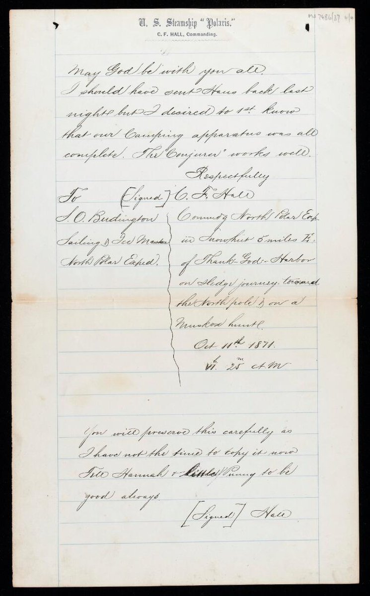 Just found a letter at <a href="/ExploreWellcome/">Wellcome Collection</a> by #Arctic explorer Charles Francis Hall, who died mysteriously #OTD in 1871, describing plans for his North Pole march. Written on Polaris stationery, dated 10/11/71 with a postscript: "Tell Hannah and little Punny to be good always"
