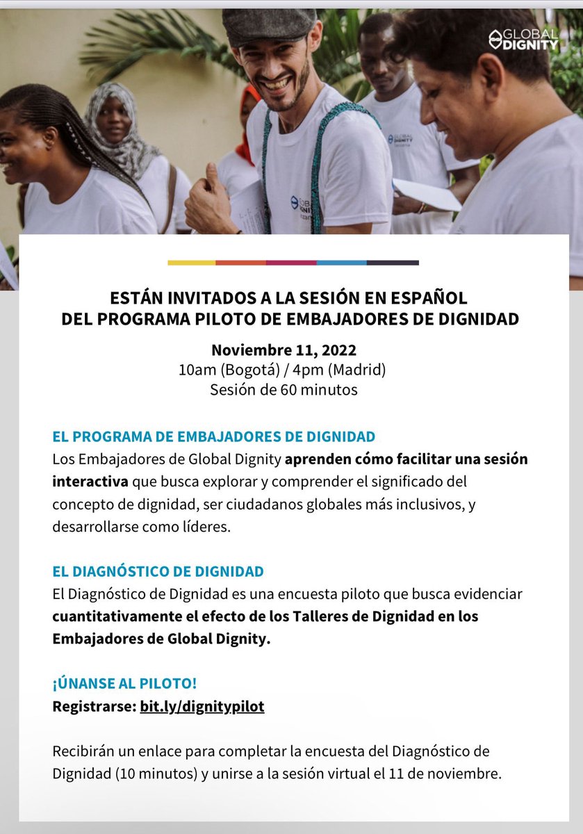 GlobalDignityCO's tweet photo. ¿Te gustaría ser un Embajador de Dignidad? Si la respuesta es ¡Sí! Este taller es para ti. Aprende sobre el desarrollo e implementación de la metodología Dignity. Invitación abierta. 🌎 

Registrarse en el siguiente link: https://t.co/Lavlis16Fc

🏳️ #EmbajadoresdeDignidad https://t.co/G8fooMy4To