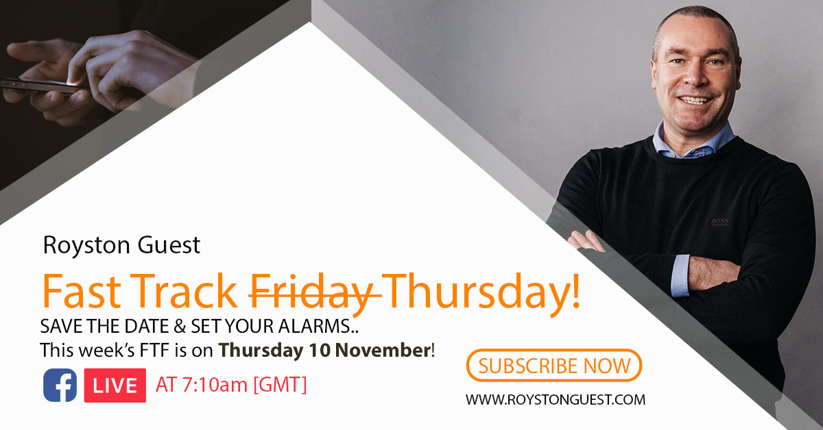 Fast Track Friday...but on Thursday!
Save the date and set your alarm, this week's Fast Track Friday will be on Thursday 10 November at the usual time of 07:10 HRS.
Keep an out tomorrow for the title!
See you LIVE on Thursday.
Royston