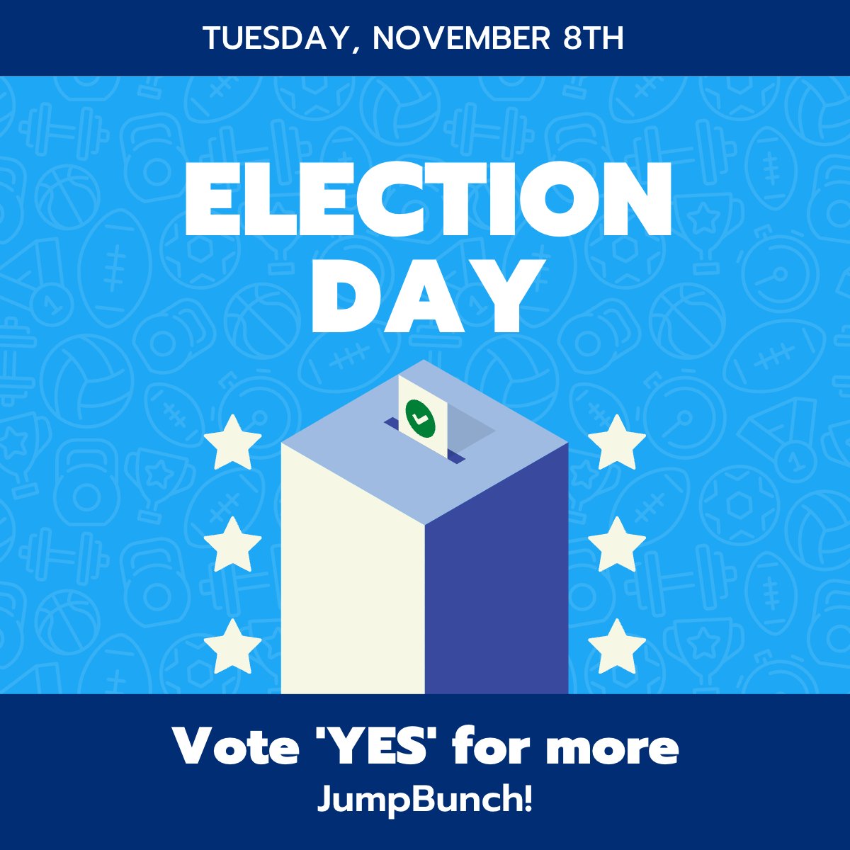 Jump_Bunch's tweet photo. This Election Day vote 'YES' for more JumpBunch!

Hurry, there is still time to sign up for Veterans Day Camps! Find one near you at https://t.co/Y6vIWi5ryo

#electionday #veteransday #schoolsout #kidsactivities #kidssports https://t.co/3ooQKbpaqu