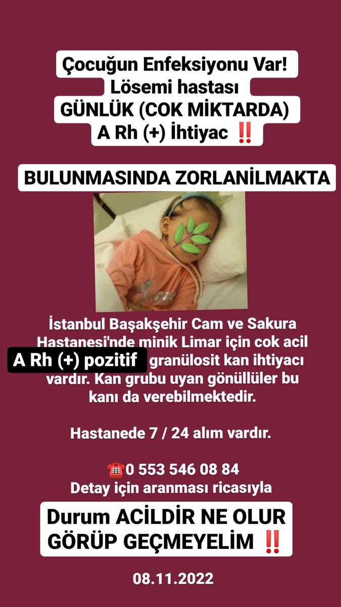 bizburadayizzz's tweet photo. Çocuğun Enfeksiyonu Var! Lösemi hastası GÜNLÜK (COK MİKTARDA) A Rh (+) İhtiyac ‼️

BULUNMASINDA ZORLANİLMAKTA

Durum ACİLDİR NE OLUR GÖRÜP GEÇMEYELİM ‼️

@BayPozitif06 https://t.co/8MJVBbUk5c