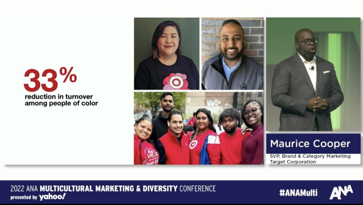 OpalEllyse's tweet photo. 1 in 3 senior leaders at Target is a person of color!🙌🏽✨
“We’ve been on the DEI journey for 17 years.” - Maurice Cooper, SVP, Brand and Corporate Marketing
If you know me, you know I love @Target , their leadership gets me, my guess is they get you too! #ANAMulti https://t.co/wNyJ2eYls7