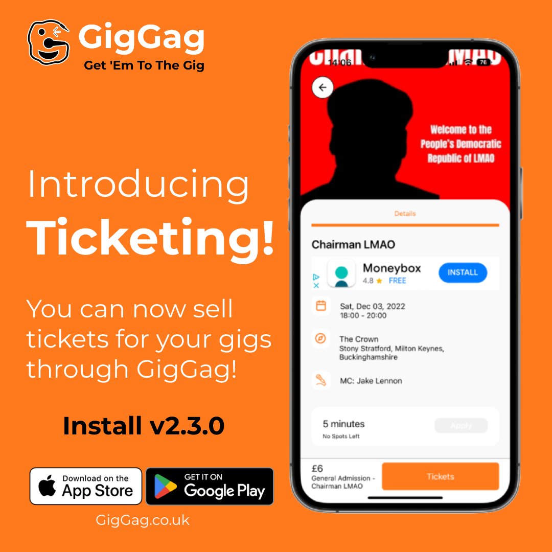 giggagapp's tweet photo. Introducing Ticketing! You can now sell tickets for your gigs through GigGag! Install v2.3.0.
#GigGag #StandupComedy #Standup #app #iOS #Android #Comedy #Funny #Laugh #ticketsales #Hilarious #OpenMic #LondonComedy #BirminghamComedy #EdinburghComedy https://t.co/Hvs70KWI3l