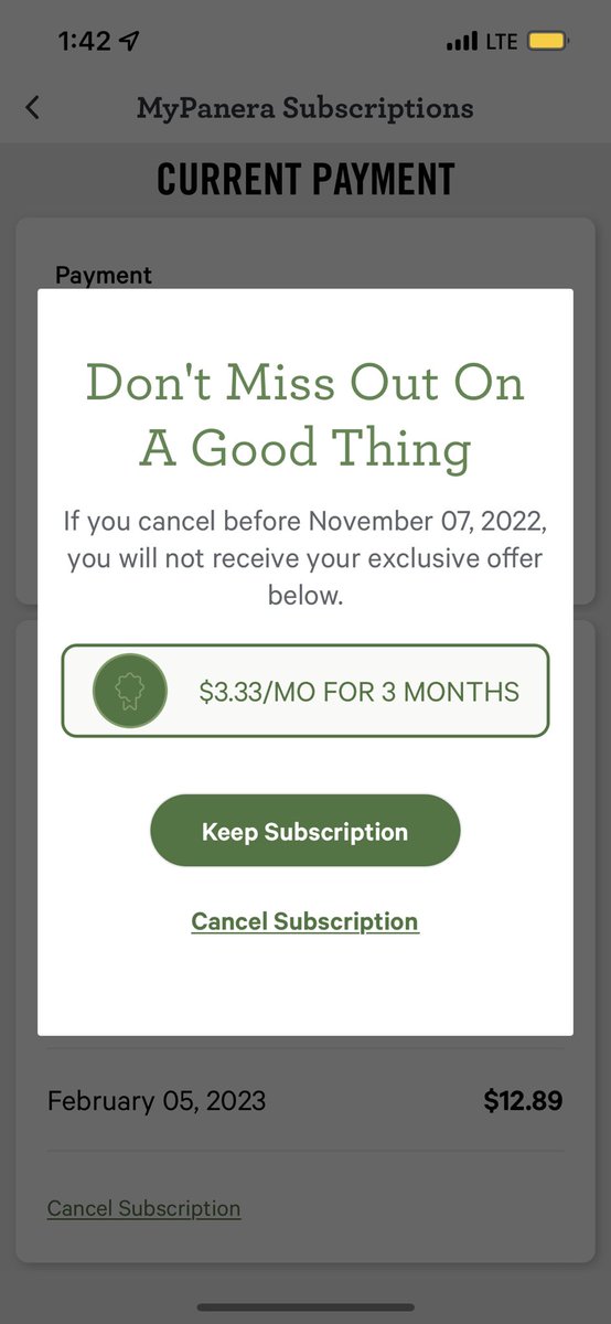 What the heck kind of bait and switch game is <a href="/panerabread/">Panera Bread</a> playing with their Sip Club? Went to cancel, got this message so decided to stay and give it another shot but got charged the full $12.89. I know someone else who had the exact same experience.