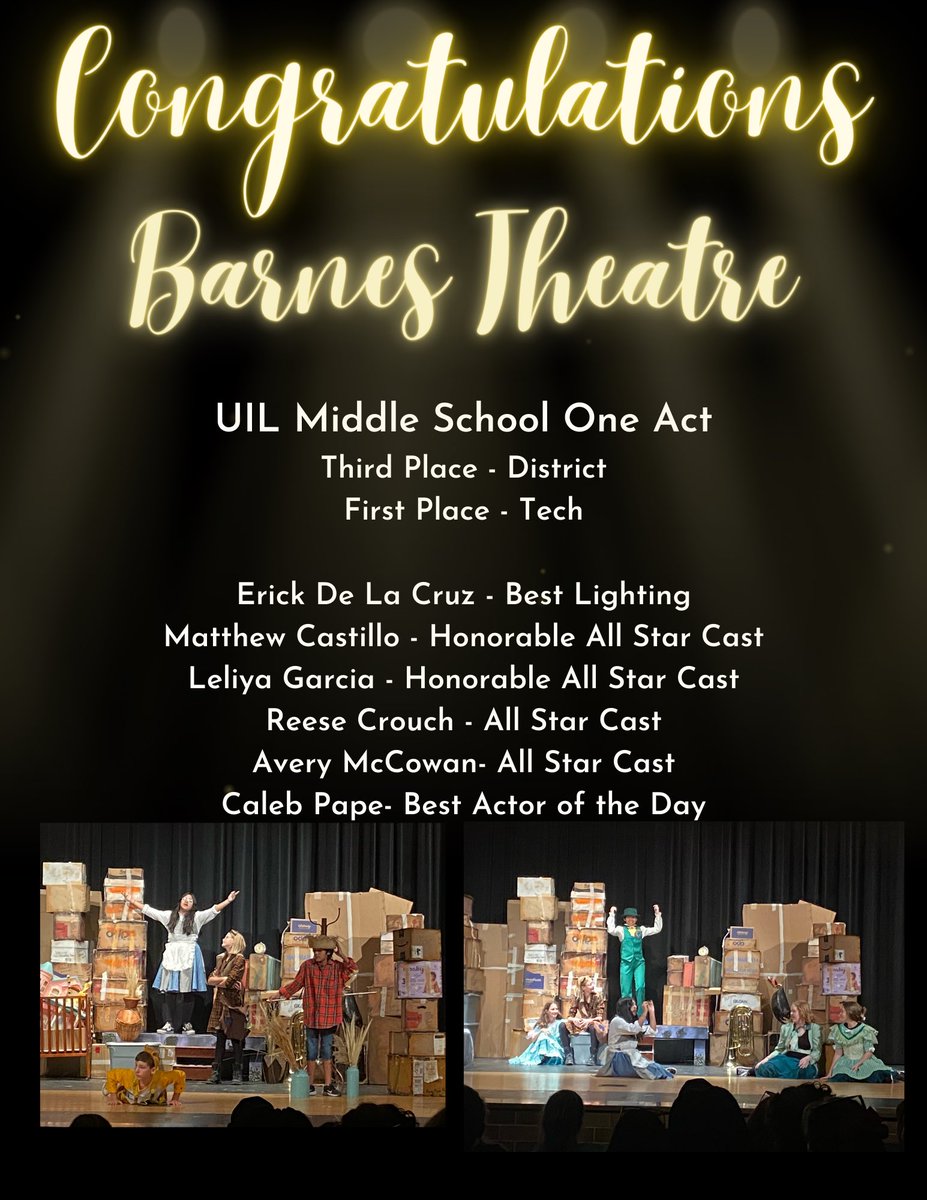 SeguinFineArts's tweet photo. Congratulations to @JimBarnesMS theatre students and their director, Libby Hollinger, for representing @SeguinISD well at UIL OAP! @SeguinTheatre #WeAreSeguin https://t.co/24vDO346pf