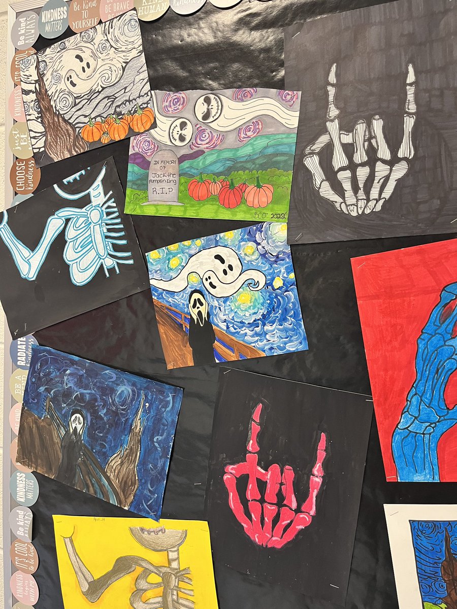 LandonKOdom's tweet photo. To finish out the month of October, Mrs. Aldridge’s art students worked on positive and negative space skeletons, and a spooky version of Van Gogh's Starry Night. https://t.co/O8G1HlStrK