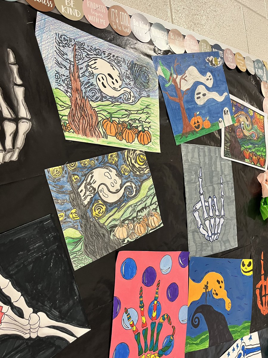LandonKOdom's tweet photo. To finish out the month of October, Mrs. Aldridge’s art students worked on positive and negative space skeletons, and a spooky version of Van Gogh's Starry Night. https://t.co/O8G1HlStrK