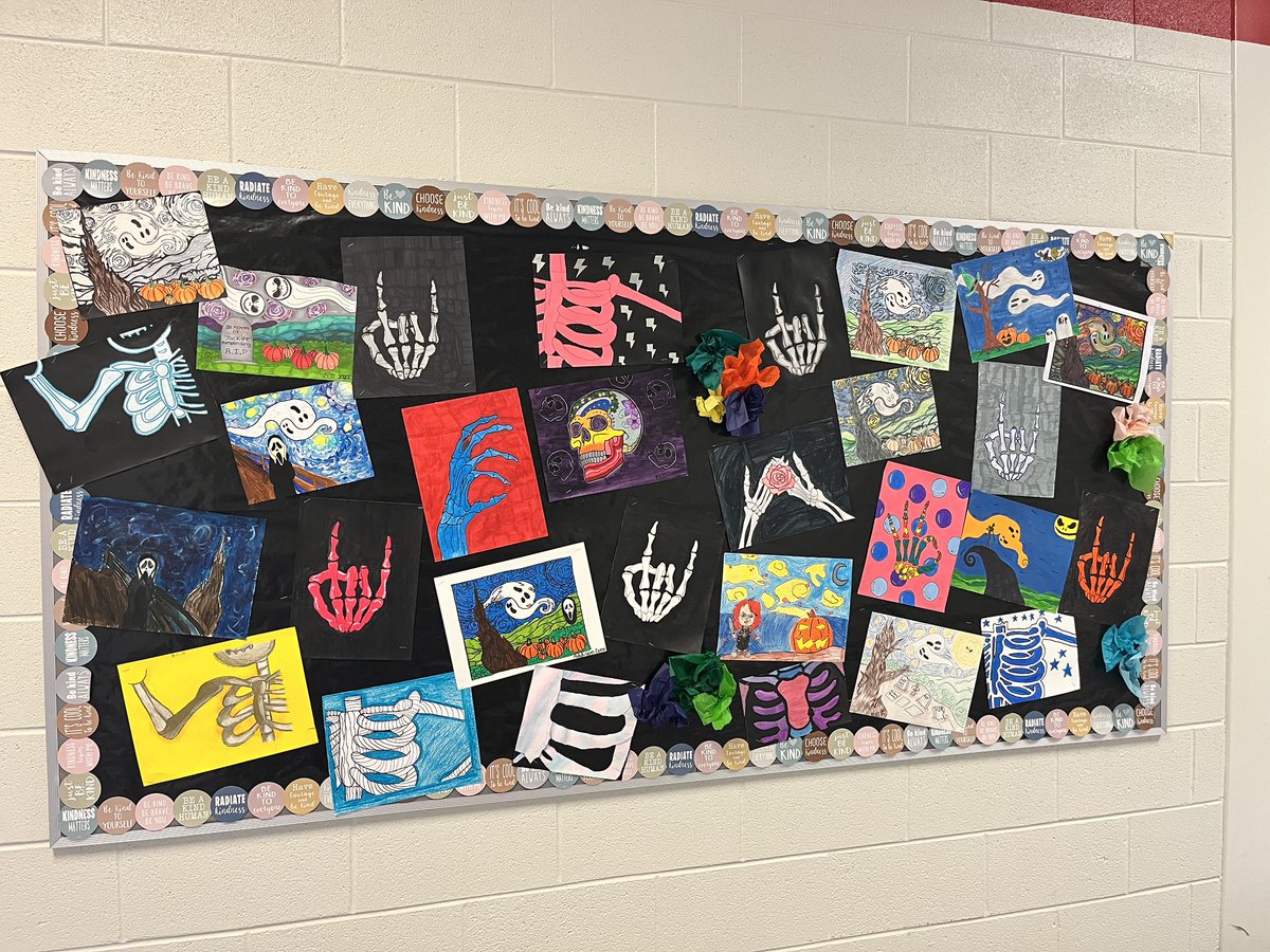 LandonKOdom's tweet photo. To finish out the month of October, Mrs. Aldridge’s art students worked on positive and negative space skeletons, and a spooky version of Van Gogh's Starry Night. https://t.co/O8G1HlStrK