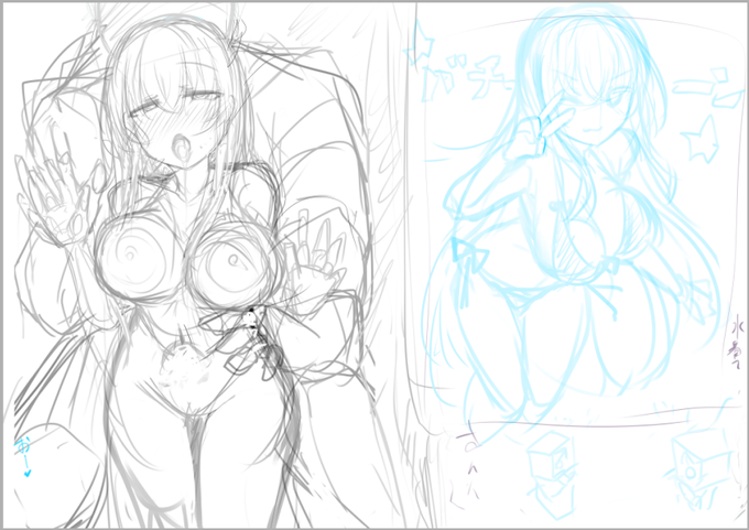 モデルなクラスメイトがでもなんというか色気があるとかそういうのじゃなくてほんと元気かわいい系だしそんな抜けるなんてそんなねハハみたいな会話してる裏でめっちゃメスの顔してセックスしてるその子みたいなのが描きたいけど右側なんかうまいことでてこないので左だけ描こうかなになってる 