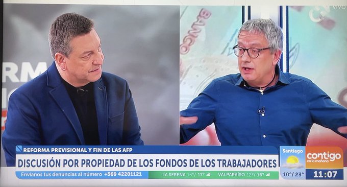 PiensaPrensa's tweet photo. Julio Cesar Rodríguez hace transpirar a uno de los grandes defensor de las AFP, Bernardo Fontaine @berfontaine:  "Yo no defiendo las AFP" #ContigoCHV https://t.co/XB99qpd19P