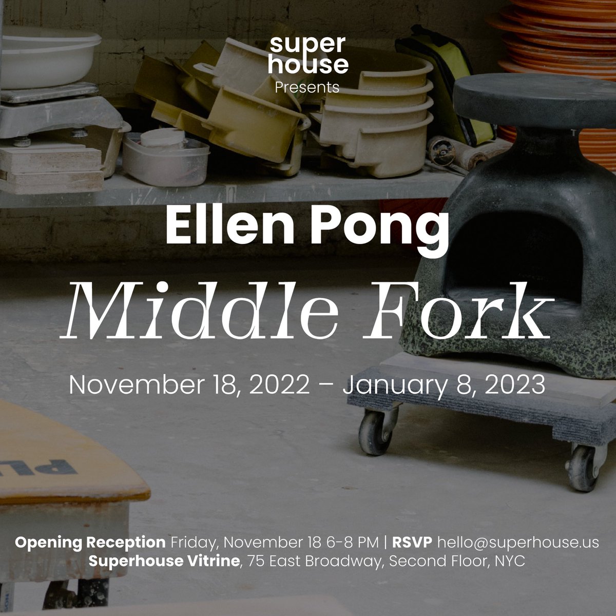 super___house's tweet photo. Join us Friday November 18 6-8 PM for a reception to celebrate the opening of Ellen Pong’s solo debut at Superhouse Vitrine. RSVP at hello@superhouse.us. https://t.co/AzZn0kbxwd