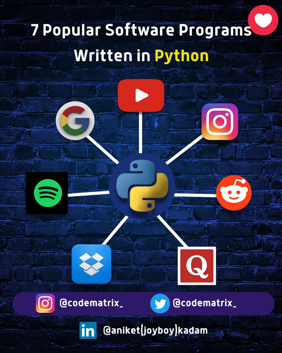 CODE_MATRIXX's tweet image. 1. YouTube
2. Google
3. Instagram 
4. Reddit
5. Spotify
6. Dropbox
7. Quora
#---
#python #youtube #instagram #reddit #spotify #dropbox #quora #application #webdevelopment #website #html #js #javascript #programmer #programming #programmingisfun #programmingmemes #tech #technology