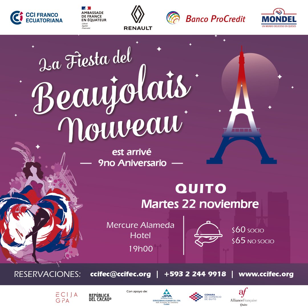 CamFrancoEcuato's tweet photo. 📌Quito | ¡Le Beaujolais Nouveau 2022 est arrivé!
La #CCIFEC y @FranceEquateur les invitan a participar del 9no Aniversario de La Fiesta del Beaujolais Nouveau 2022 🇫🇷.
➡️Reserva tu entrada:
https://t.co/SBmK7LiLdn
#bancoprocredit #mondel #republicadelcacao #ccquito https://t.co/Dz7brZfEOZ