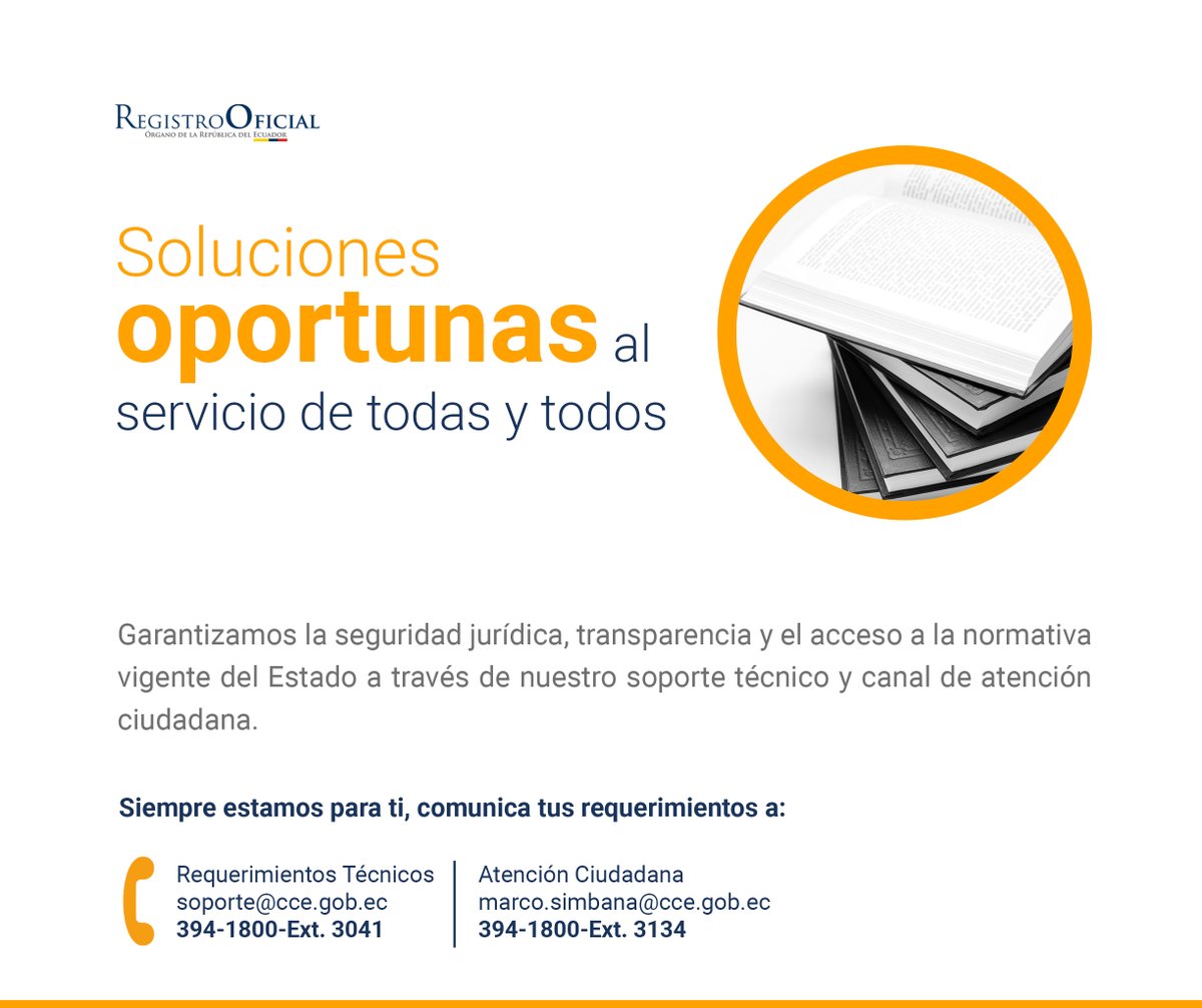 #SoporteOportuno | Nuestro objetivo es dar un soporte dinámico y amigable, gestiona tus solicitudes vía correo electrónico o por teléfono.

Requerimientos Técnicos
soporte@cce.gob.ec
394-1800-Ext. 3041

Atención Ciudadana
394-1800-Ext. 3134
marco.simbana@cce.gob.ec