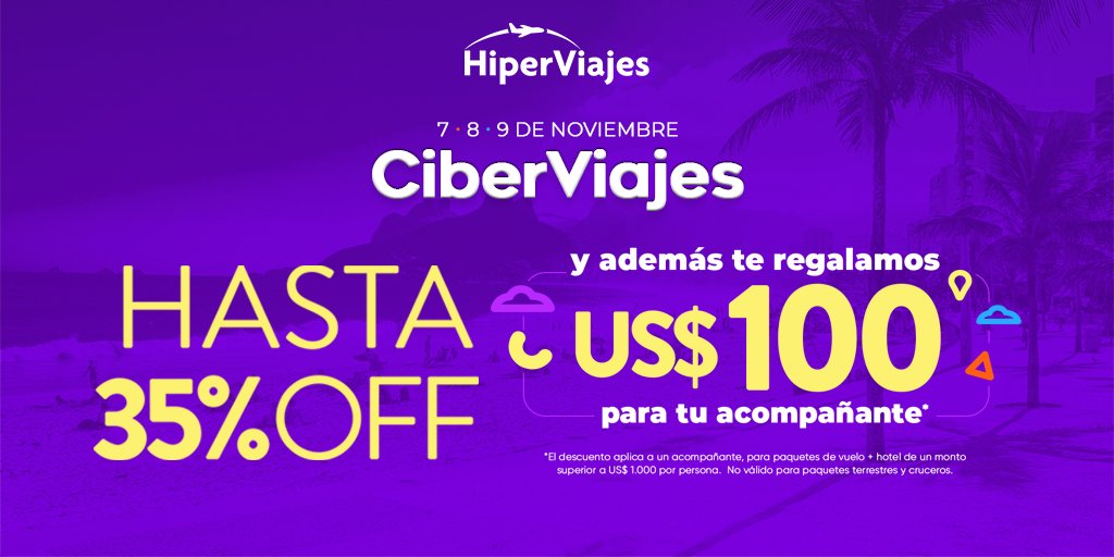 ¡Llegó #CIBERVIAJES! ✈️🙌🏼 Llegó tu oportunidad para definir tus próximas vacaciones con hasta un 35% OFF y además te regalamos US$ 100 para tu acompañante 🔥🎉

▶️ Para asegurar tu lugar te recomendamos acercarte a una de nuestras sucursales o llamarnos al 2902 22 33.
