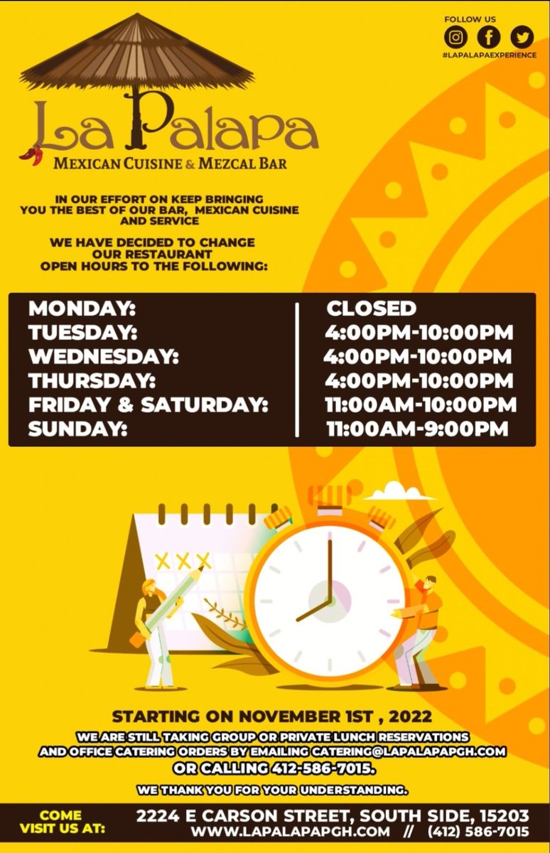 Planing to come visit us? See our new operation hours to better serve you!

#LaPalapaExperience