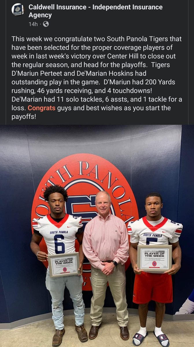 S/o to our Caldwell Insurance Players of the Week: <a href="/Dmariunperteet/">D’Mariun Perteet</a> (246 all-purpose yards, 4 TDs) and <a href="/demarian_hoskin/">De’Marian Hoskins</a> (17 total tackles including 1 for loss). 

Playoffs start with week!!! We'll see all of you in the Tiger Den on Friday! 

#SPTigers #USP #TigerPride #12LOADING