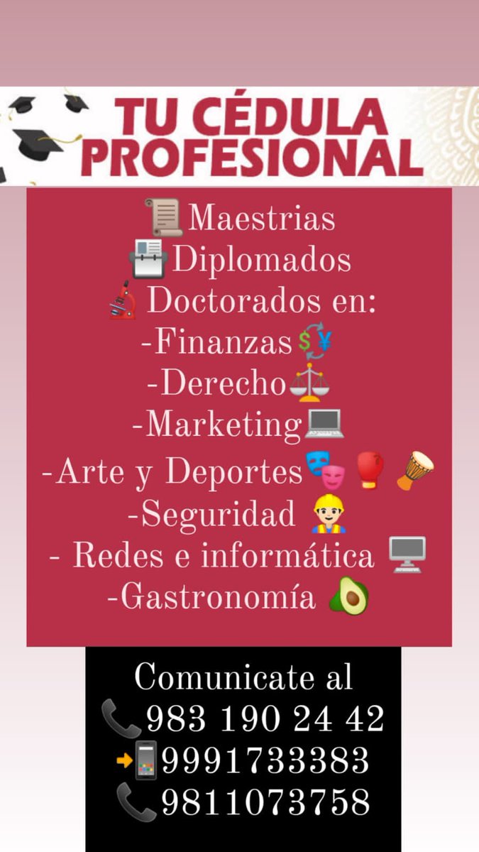 DayanFiru's tweet image. *🌀TODAVÍA ESTAMOS AL 50% EN CUALQUIER TRÁMITE QUE NECESITES REALIZAR🌀*
✍🏼✍🏼✍🏼✍🏼
*🌀CÉDULAS PROFESIONALES* 
*🫴🏻CARTA PASANTE*
*🌀TÍTULOS UNIVERSITARIOS*
*🫴🏻CERTIFICADOS*
Comunícate al 9991733383