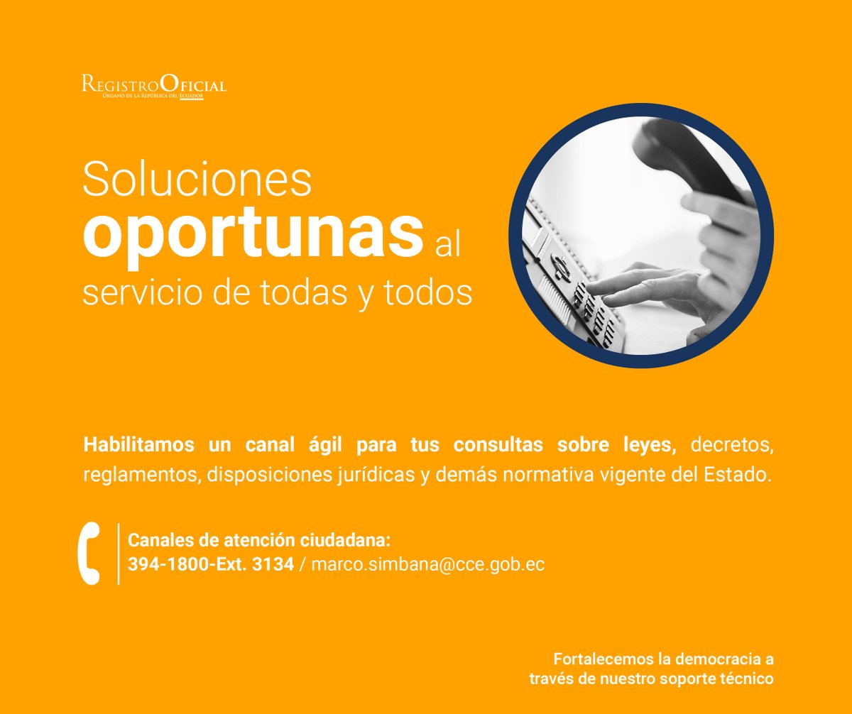 #SoporteOportuno | Nuestros canales de atención al usuario tienen la finalidad brindar una solución oportuna ante cualquier duda de instituciones públicas, privadas y ciudadanía.

Comunícate a:
💻 soporte@cce.gob.ec
394-1800-Ext. 3041