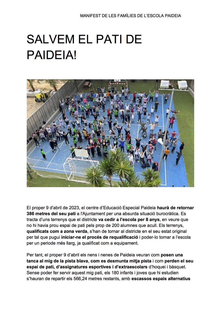 PaideiaEscola's tweet photo. El 9 d'abril els infants de Paideia es podrien quedar sense mig pati per un temps indefinit. Ajuda'ns a evitar-ho. Aquest és el nostre manifest:
#salvemelpatidepaideia https://t.co/8ESSkiXCSt