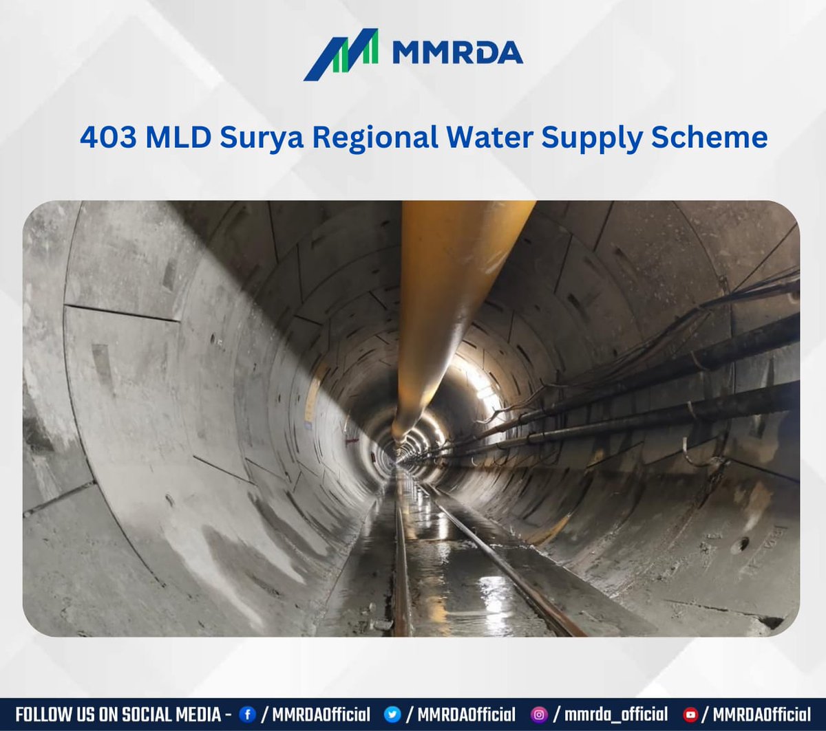 MMRDAOfficial's tweet photo. #Milestone #SuryaProject
Water is Life !
#MMRDA successfully completed 2 km boring work of Tungareshwar Tunnel in #Vasai region.
#Water to #MiraBhayander.
The tunnel is 4.45 km long with internal diameter of 2.85m. https://t.co/0NvpbswFoP