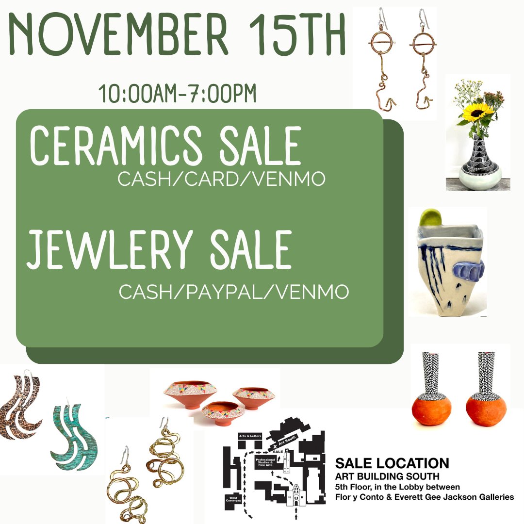 PSFA_SDSU's tweet photo. Looking for holiday gifts? Support SDSU Art students at this year's ceramics and jewelry sale. @SDSU_Art #SDSUART #PSFAStudents https://t.co/NjN0nYjITe