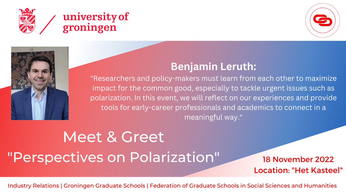 Industry Relations - University of Groningen (@rug_ir) on Twitter photo On 18 November 2022 <a href="/univgroningen/">University of Groningen</a> organizes the Meet & Greet: “Perspectives on Polarization”.
In one of the interactive panel sessions, @BenLeruth among others will discuss (re)building trust through participatory democracy.
More information: rug.nl/education/phd-… On 18 November 2022 <a href="/univgroningen/">University of Groningen</a> organizes the Meet & Greet: “Perspectives on Polarization”.
In one of the interactive panel sessions, @BenLeruth among others will discuss (re)building trust through participatory democracy.
More information: rug.nl/education/phd-…