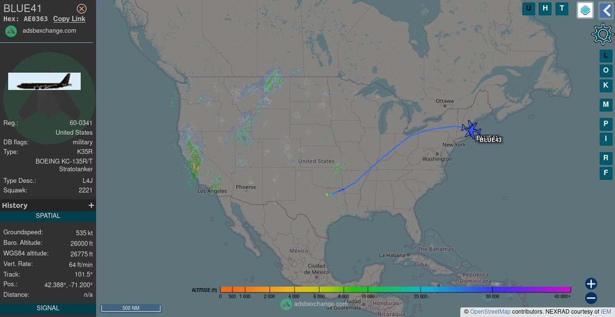 TheIntelFrog's tweet photo. USAF CORONET mission KC-135 Stratotanker #AE0363 as BLUE41 appears to be meeting up with #AE0265 as BLUE43 after dragging some fighters from DFW area to New England. BLUE43 has been in a hold over Boston waiting on BLUE41. https://t.co/wexUf72JDZ