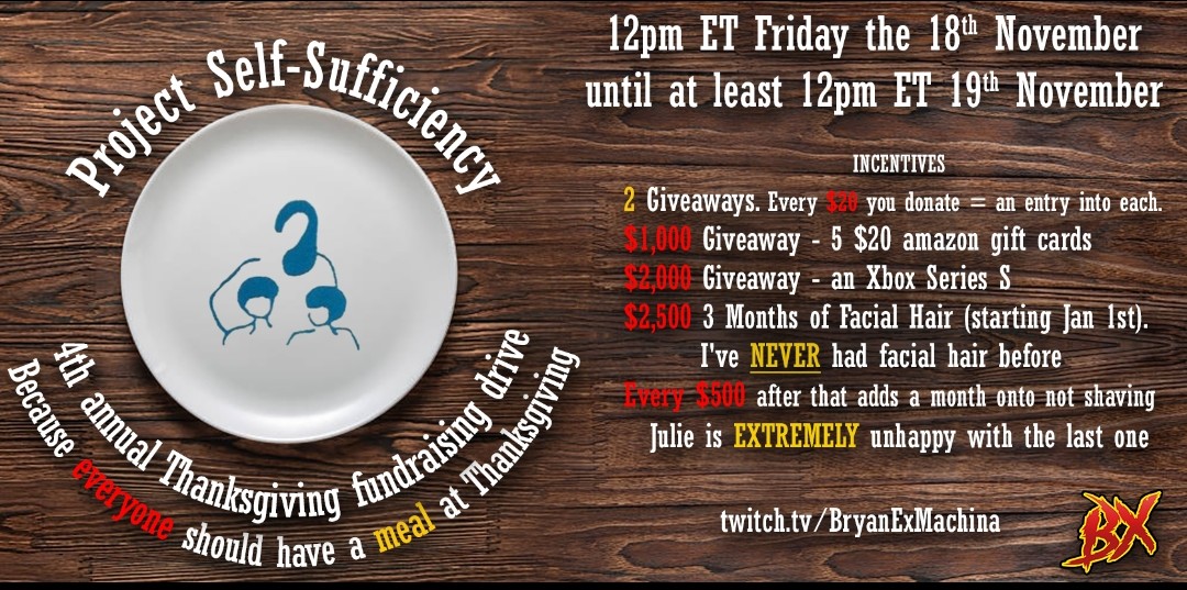 BryanExMachina's tweet image. Official announcement:
Last year we raised $2,000 to help feed over 400 families. This year, as sadly with every other year since I'vedone this, the number is now up to over 500 families. Any amount help, because it's not how much you give, just that you give.