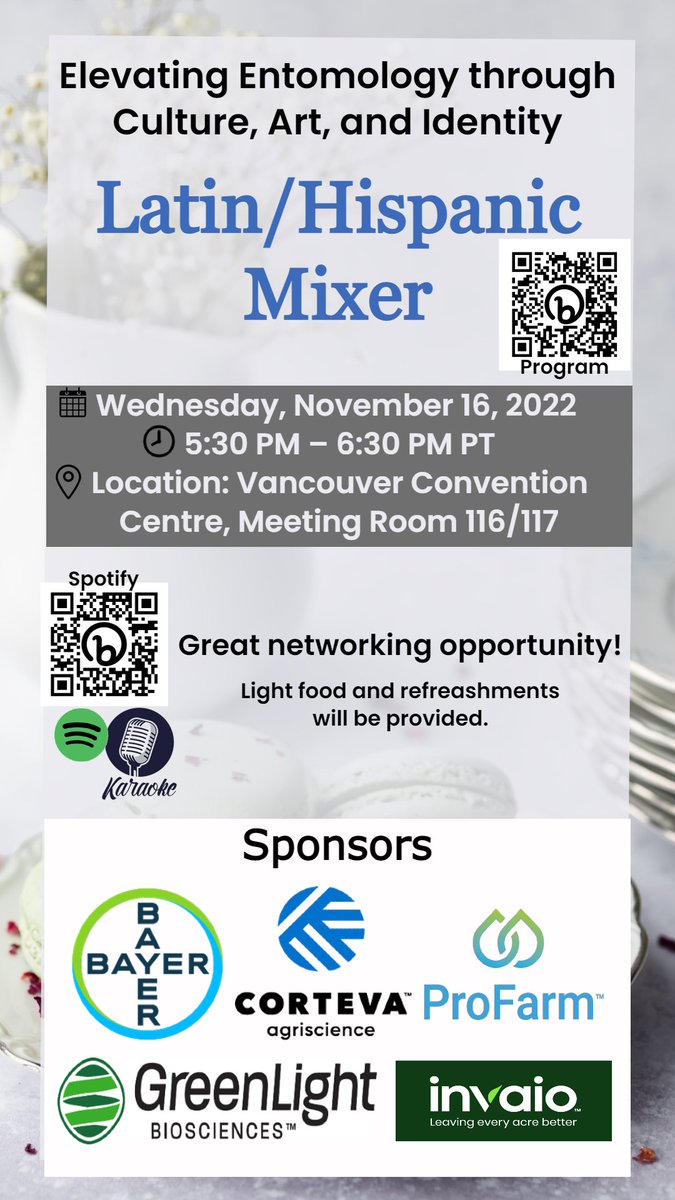 Somosento1's tweet photo. Save the date! Making history with the 1st official  @EntsocAmerica ESA Latin/Hispanic Mixer. Full details below. Networking, food, and music. Ya tú sabes! https://t.co/GampIQKYjF. 
A big shout out to our sponsors @bayer4crops @Corteva @GreenLightBio1 @Invaio_Sciences #ProFarm https://t.co/p6edWBysr0