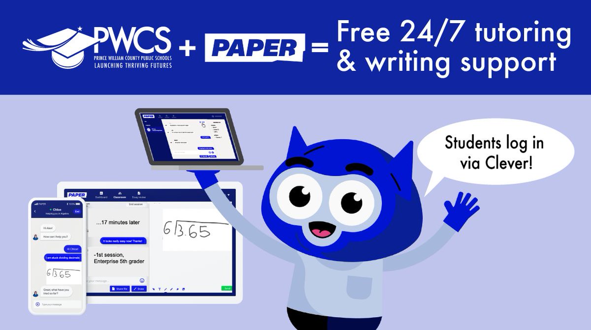 PWCS students — You have access to free online tutoring through Paper! 

Get started —
1️⃣ To log in, go to app.paper.co.
2️⃣ Type in your school name.
3️⃣ Sign in with Clever.

➡ Learn more about Paper: pwcs.edu/departments/In…