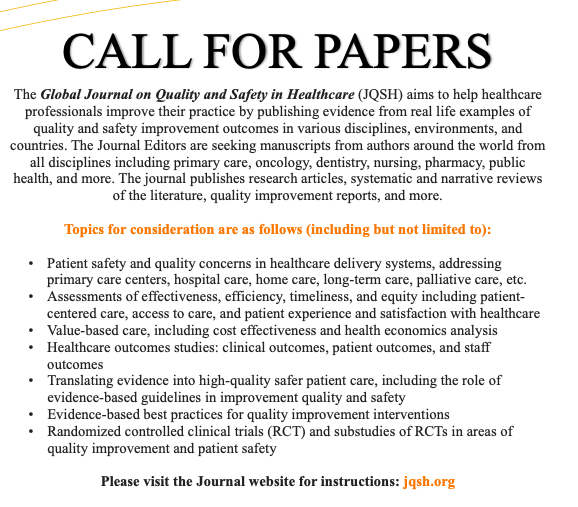 JQSH Editors (@jqsheditors) on Twitter photo #JQSH is seeking manuscripts about #patientsafety and #quality, addressing primary care centers, hospital care, home care, etc. meridian.allenpress.com/DocumentLibrar…
#HealthcareSafety #QualityImprovement
<a href="/arjazieh/">Abdul-Rahman Jazieh, MD, MPH</a> <a href="/dralsurimik/">Khaled Al-Surimi, MPH, PhD</a> #JQSH is seeking manuscripts about #patientsafety and #quality, addressing primary care centers, hospital care, home care, etc. meridian.allenpress.com/DocumentLibrar…
#HealthcareSafety #QualityImprovement
<a href="/arjazieh/">Abdul-Rahman Jazieh, MD, MPH</a> <a href="/dralsurimik/">Khaled Al-Surimi, MPH, PhD</a>