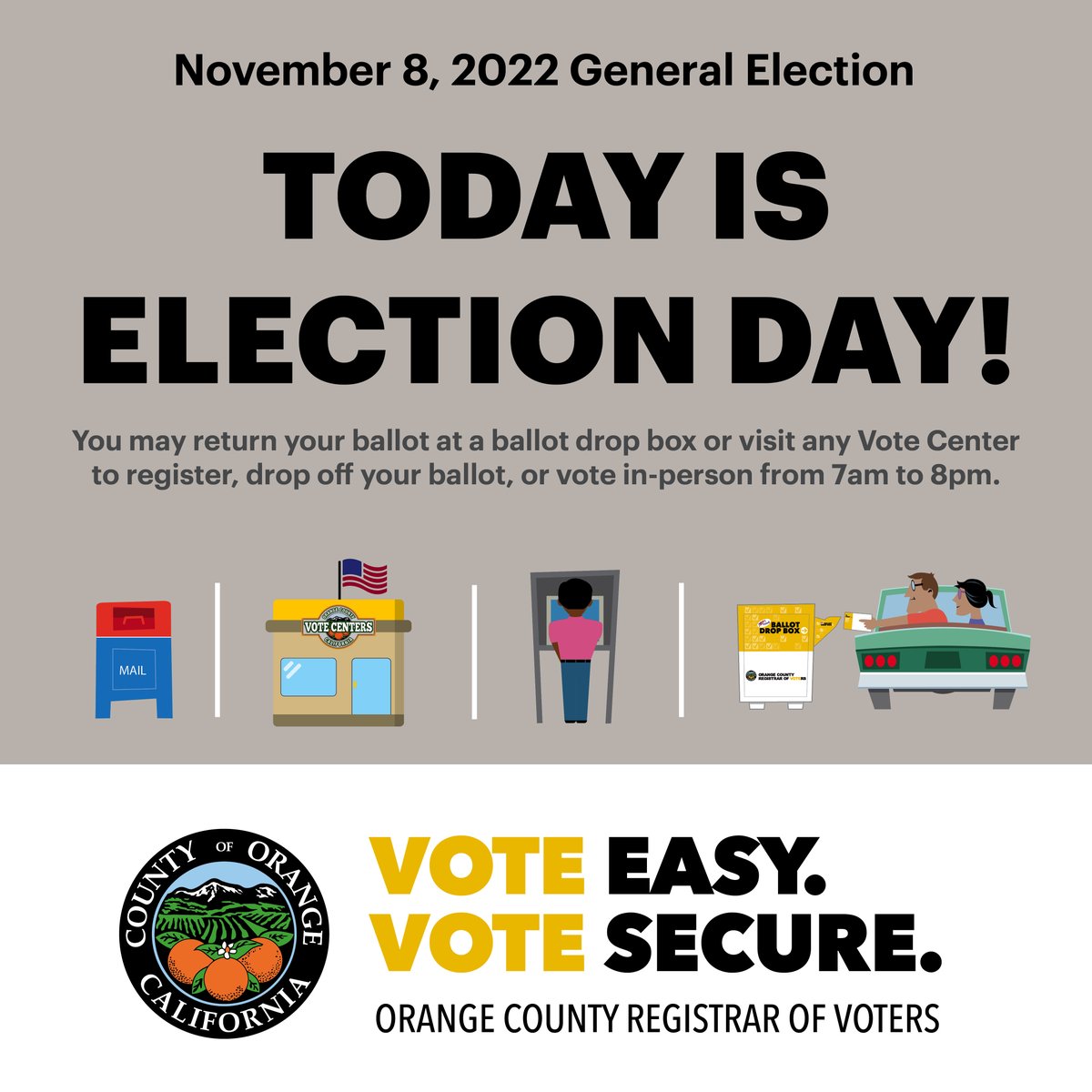 Today is ELECTION DAY for the 2022 General Election! You may return your ballot at a ballot drop box or visit any Vote Center to register, drop off your ballot, or vote in-person from 7am to 8pm. Mail ballots must be postmarked by today. ocvote.gov/voting <a href="/OCGovCA/">County of Orange</a>