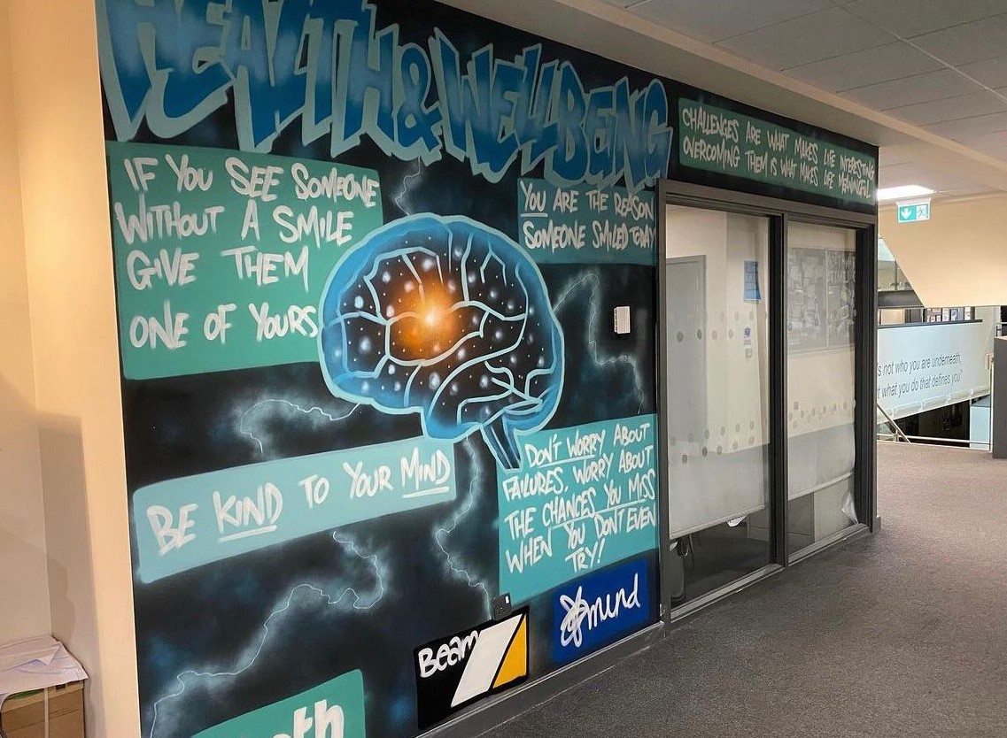 telfordpriory's tweet photo. We had a local graffiti artist work with some of our Year 10 students to create this Health &amp; Wellbeing Wall😀 #tpsnews #artist #Wellbeing https://t.co/O1h8E7GpTd