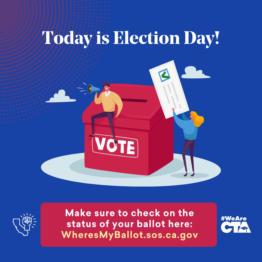 WeAreCTA's tweet photo. It's #ElectionDay! Polls are open statewide from 7:00 am to 8:00 pm. If you're voting by mail, make sure your ballot is postmarked by today! Check on the status of your ballot by visiting https://t.co/5faN5NVffr. #WeAreCTA #VotePublicEd https://t.co/mc1l9Rlu02