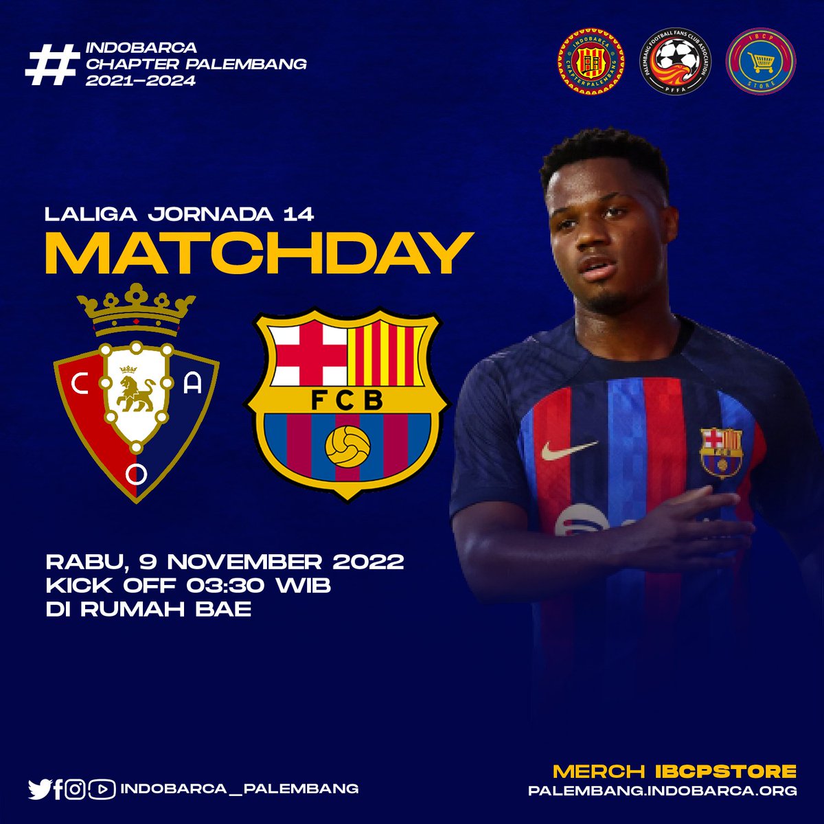 Dini hari nanti Barça akan kembali bertanding dalam ajang @laliga Jornada ke-14 menghadapi Osasuna. Match ini adalah match terakhir Barça sebelum libur panjang karena piala dunia. 

Tapi, mohon maaf untuk match kali ini Event Nonton Bareng ditiadakan dulu ya, semoga Barça menang!