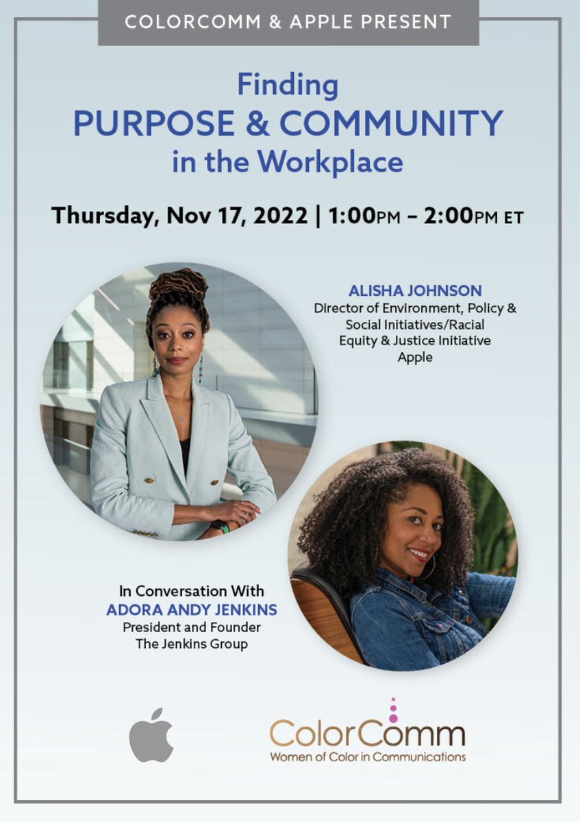 As a society, we continue to face an overwhelming weight of #stress and #anxiousness. Join #ColorComm x <a href="/Apple/">Apple</a> for a discussion on bringing  your authentic self to #work, leaning into #purpose and finding #community. 

RSVP: shorturl.at/lzEJ5