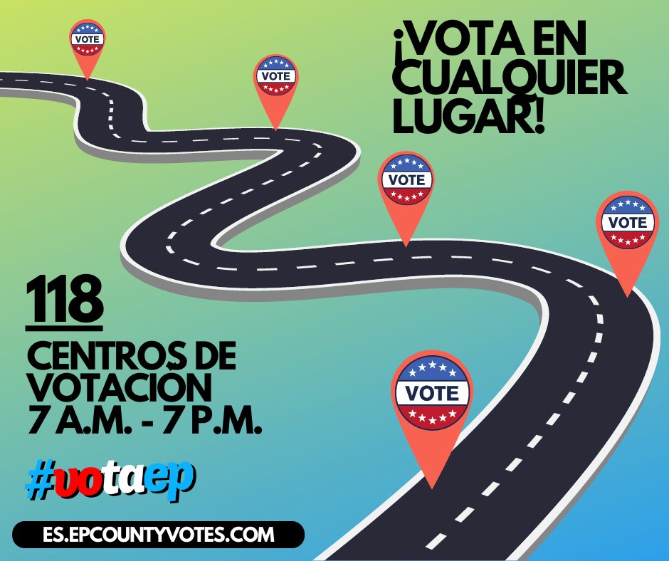 #VotaEP
El Día de Elección es hoy, ¿estás #VoteReady? Puedes votar en CUALQUIER Centro de Votación.
✅¿Dónde puedo votar? es.epcountyvotes.com/quick_links/wh…
✅¿Qué hay en mi boleta de muestra? sites.omniballot.us/48141/app/home
