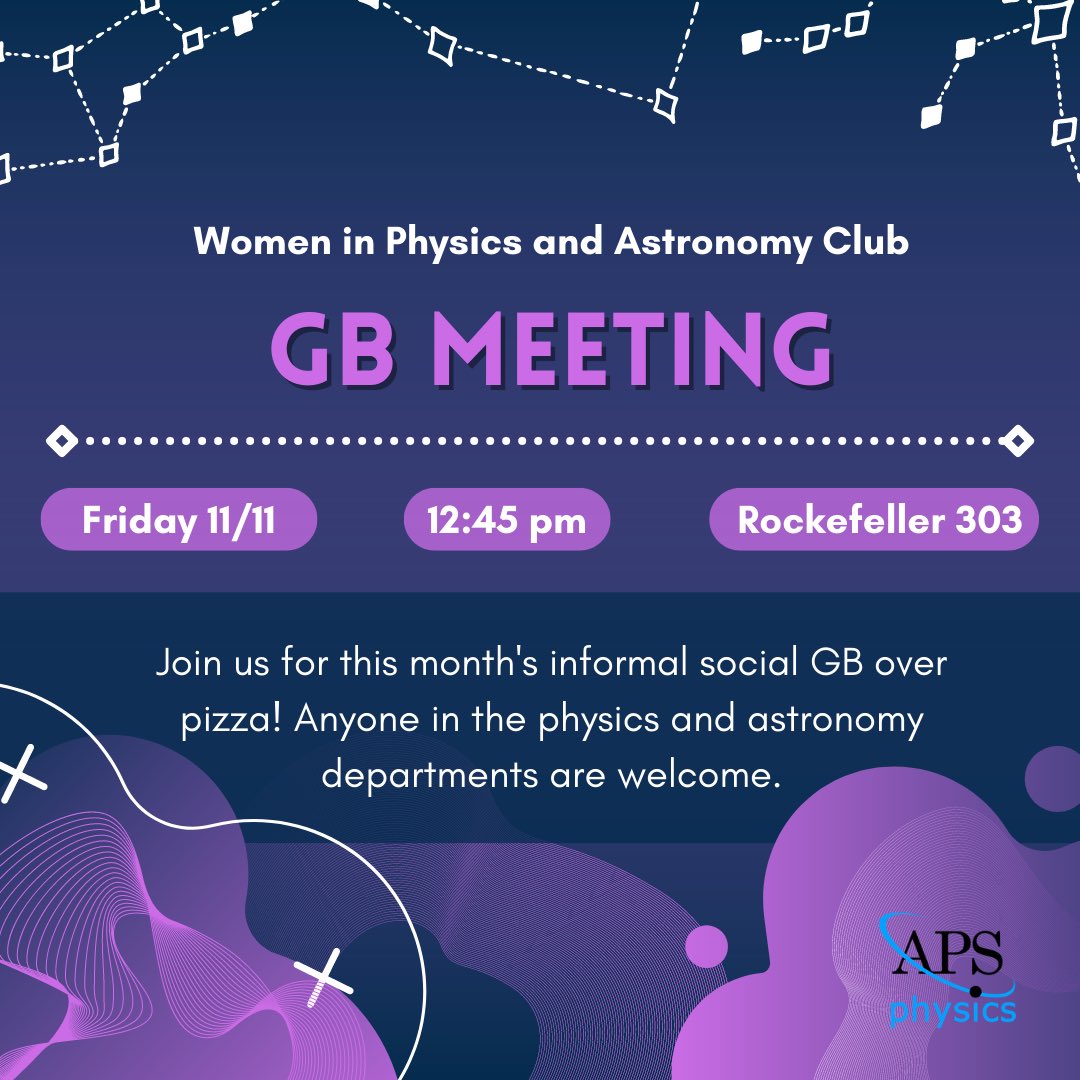 Join us for our third informal social GB of this semester this Friday (11/11) in Rockefeller 303 at 12:45 pm! Anyone in the physics and/or astronomy departments are welcome to stop by, and pizza will be provided. Hope to see you there :)